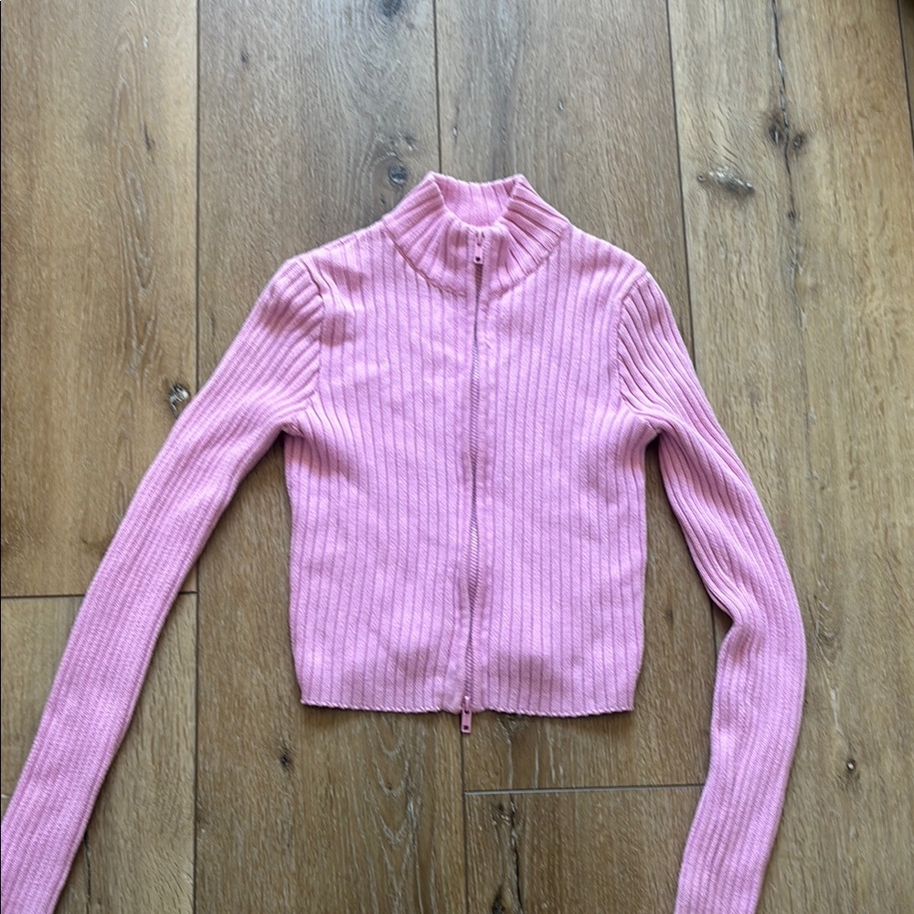 Brandy Melville/Johngalt Pink Ribbed Zip-Up Sweater